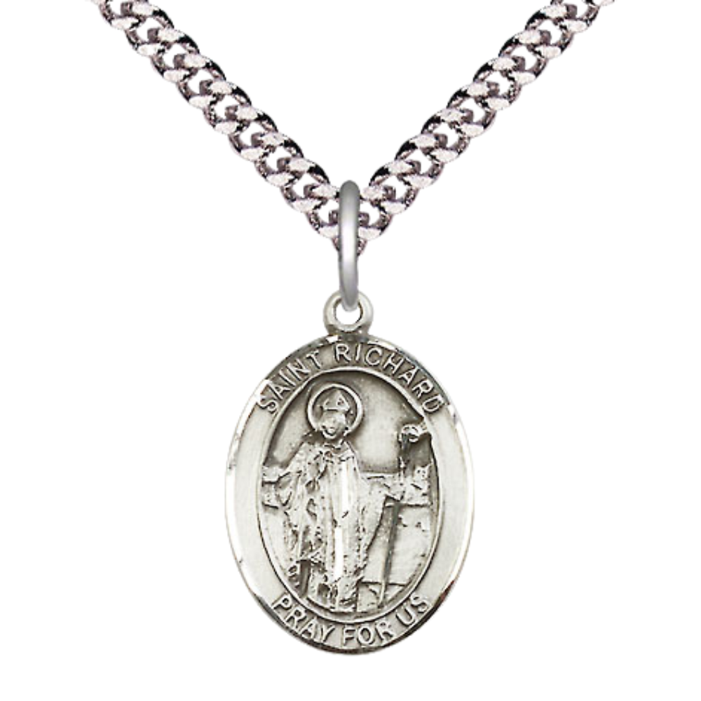 Medium Men's .925 Sterling Silver Saint St. Richard Medal Pendant on 24 Inch Endless Rhodium Plated Heavy Curb Brass Chain, Catholic Religious Necklace - Made in USA- Deluxe Velvet Gift Box