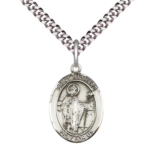Everlasting Light Jewelry Medium Men's Pewter Saint St. Richard Medal Pendant on 24 Inch Endless Rhodium Plated Heavy Curb Brass Chain, Catholic Religious Necklace - Made in USA- Deluxe Velvet Gift Box