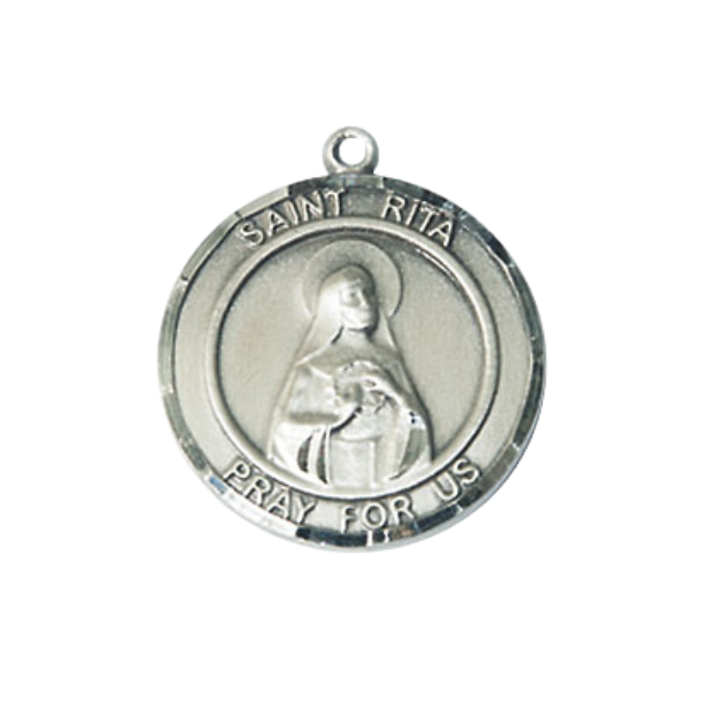 Medium Women's .925 Sterling Silver Saint St. Rita of Cascia Pendant Necklace on 18 Inch Rhodium- Plated Lite Curb Brass Chain with Lobster Claw Clasp, Catholic Medal - Patron Saint. of Loneliness & Lost Causes – Velvet Gift Box