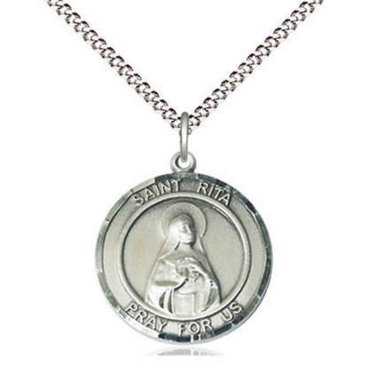 Medium Women's .925 Sterling Silver Saint St. Rita of Cascia Pendant Necklace on 18 Inch Rhodium- Plated Lite Curb Brass Chain with Lobster Claw Clasp, Catholic Medal - Patron Saint. of Loneliness & Lost Causes – Velvet Gift Box