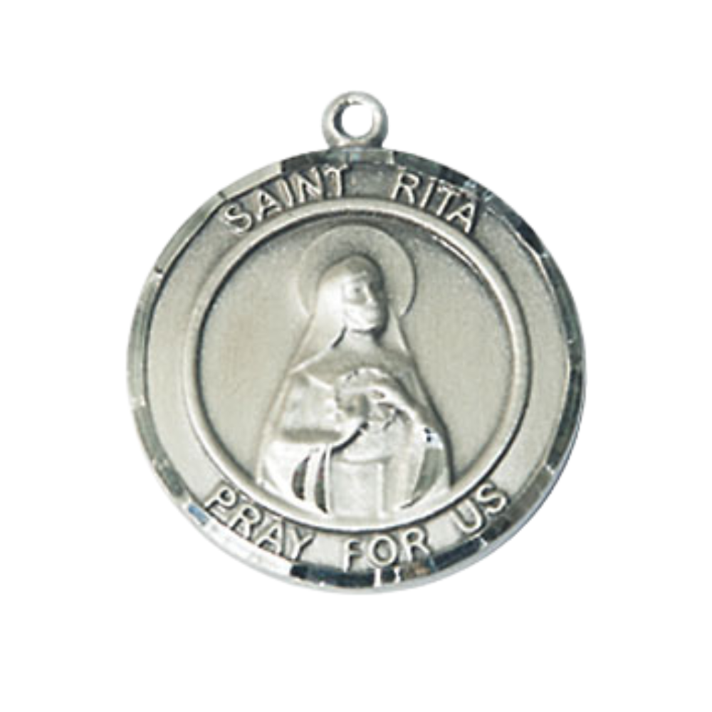 Medium Mens Round .925 Sterling Silver Saint St. Rita of Cascia Medal Pendant on 24 Inch Rhodium Plated Heavy Curb Brass Chain w/ Lobster Claw Clasp, Catholic Religious Necklace - Made in USA- Velvet Gift Box