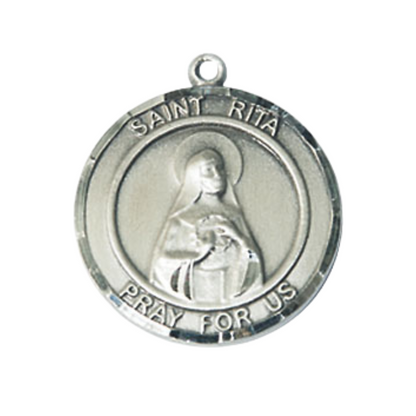 Medium Men's Pewter Saint St. Rita of Cascia Medal Pendant on 24 Inch Endless Rhodium Plated Heavy Curb Brass Chain, Catholic Religious Necklace - Made in USA- Deluxe Velvet Gift Box
