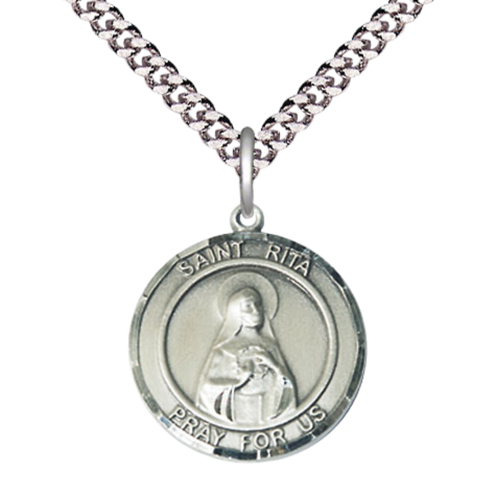Medium Mens Round .925 Sterling Silver Saint St. Rita of Cascia Medal Pendant on 24 Inch Rhodium Plated Heavy Curb Brass Chain w/ Lobster Claw Clasp, Catholic Religious Necklace - Made in USA- Velvet Gift Box