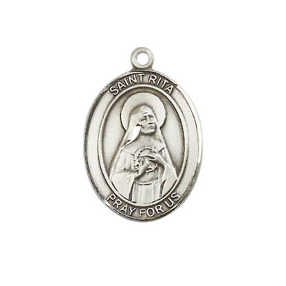 .925 Sterling Silver Saint St. Rita of Cascia Medal Pendant on 18 Inch Rhodium Plated Lite Curb Brass Chain w/ Lobster Claw Clasp, Catholic Religious Necklace - Made in USA- Prayer Card Included