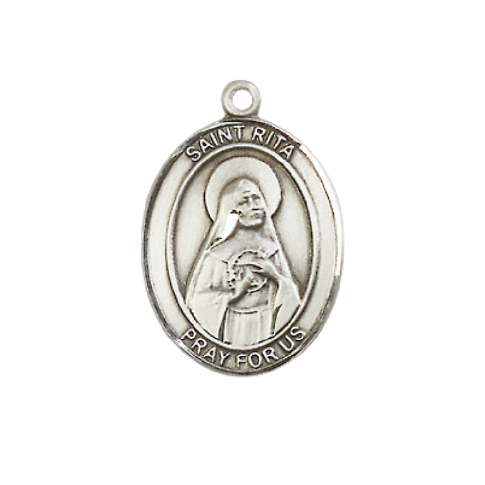 .925 Sterling Silver Saint St. Rita of Cascia Medal Pendant on 18 Inch Rhodium Plated Lite Curb Brass Chain w/ Lobster Claw Clasp, Catholic Religious Necklace - Made in USA- Prayer Card Included