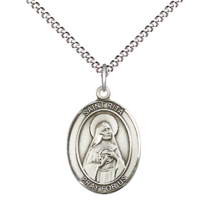 Pewter Saint St. Rita of Cascia Medal Pendant on 18 Inch Rhodium Plated Lite Curb Brass Chain with Lobster Claw Clasp, Catholic Religious Necklace - Made in USA- Prayer Card Included