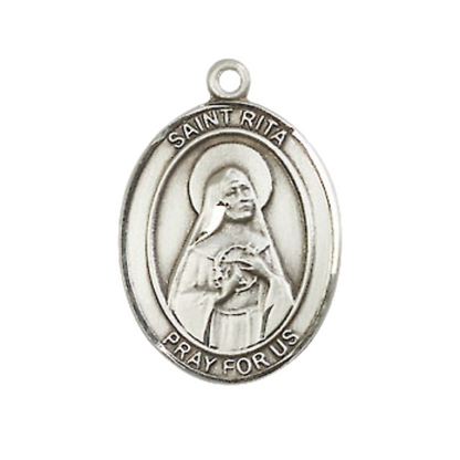 Medium Mens Oval .925 Sterling Silver Saint St. Rita of Cascia Medal Pendant on 24 Inch Rhodium Plated Heavy Curb Brass Chain w/ Lobster Claw Clasp, Catholic Religious Necklace - Made in USA- Velvet Gift Box