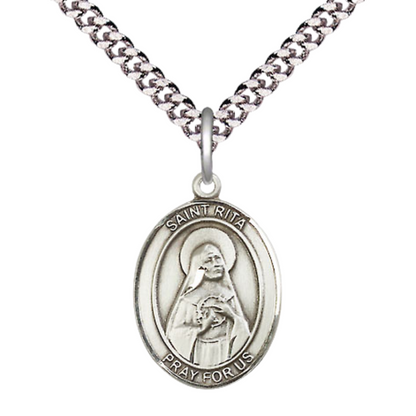 Medium Mens Oval .925 Sterling Silver Saint St. Rita of Cascia Medal Pendant on 24 Inch Rhodium Plated Heavy Curb Brass Chain w/ Lobster Claw Clasp, Catholic Religious Necklace - Made in USA- Velvet Gift Box