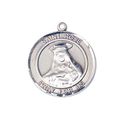 Medium Women's Pewter Saint St. Rose of Lima Medal Pendant on 18 Inch Rhodium Plated Lite Curb Brass Chain w/ Lobster Claw clasp, Catholic Religious Necklace - Made in USA - Deluxe Velvet Gift Box