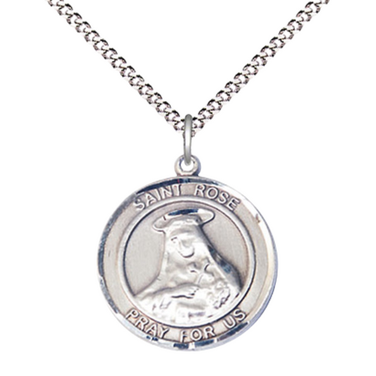 Medium Women's .925 Sterling Silver Saint St. Rose of Lima Pendant Necklace on 18 Inch Rhodium- Plated Lite Curb Brass Chain with Lobster Claw Clasp, Catholic Medal - Patron Saint. of Vanity & South America – Velvet Gift Box