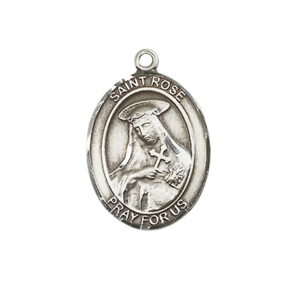.925 Sterling Silver Saint St. Rose of Lima Medal Pendant on 18 Inch Rhodium Plated Lite Curb Brass Chain w/ Lobster Claw Clasp, Catholic Religious Necklace - Made in USA- Prayer Card Included