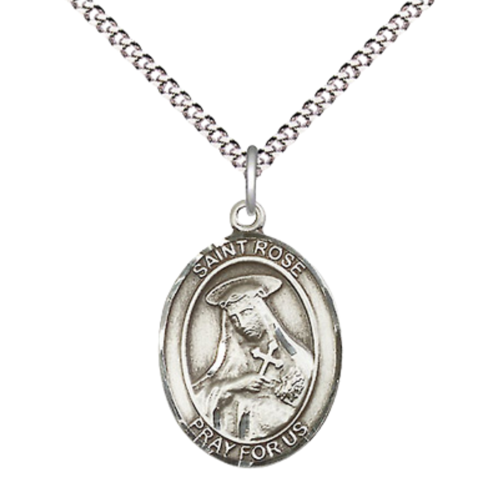 .925 Sterling Silver Saint St. Rose of Lima Medal Pendant on 18 Inch Rhodium Plated Lite Curb Brass Chain w/ Lobster Claw Clasp, Catholic Religious Necklace - Made in USA- Prayer Card Included