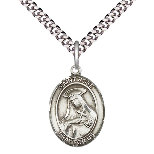 Medium Mens Oval .925 Sterling Silver Saint St. Rose of Lima Medal Pendant on 24 Inch Rhodium Plated Heavy Curb Brass Chain w/ Lobster Claw Clasp, Catholic Religious Necklace - Made in USA- Velvet Gift Box