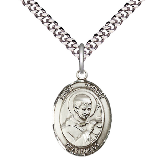 Medium Mens Oval .925 Sterling Silver Saint St. Robert Bellarmine Medal Pendant on 24 Inch Rhodium Plated Heavy Curb Brass Chain w/ Lobster Claw Clasp, Catholic Religious Necklace - Made in USA- Velvet Gift Box