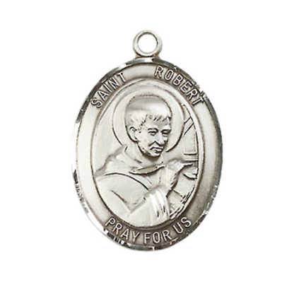 Medium Mens Oval .925 Sterling Silver Saint St. Robert Bellarmine Medal Pendant on 24 Inch Rhodium Plated Heavy Curb Brass Chain w/ Lobster Claw Clasp, Catholic Religious Necklace - Made in USA- Velvet Gift Box