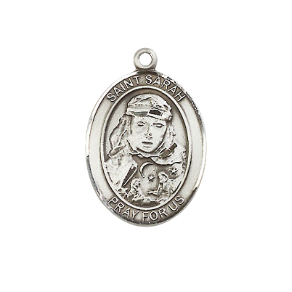 Medium Women's .925 Sterling Silver Saint St. Sarah Pendant Necklace on 18 Inch Rhodium Plated Lite Curb Brass Chain – ¾ x ½ Saint St. Sarah Medal – Patron Saint St. of Infertility, Catholic Medal – Velvet Gift Box Included