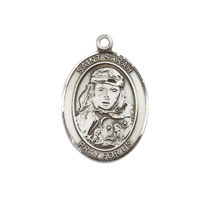 Medium Women's .925 Sterling Silver Saint St. Sarah Pendant Necklace on 18 Inch Rhodium Plated Lite Curb Brass Chain – ¾ x ½ Saint St. Sarah Medal – Patron Saint St. of Infertility, Catholic Medal – Velvet Gift Box Included