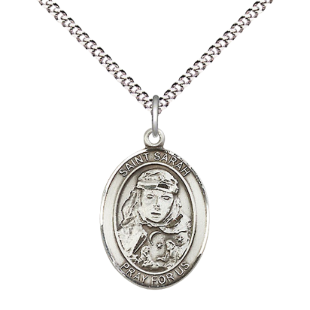 Medium Women's .925 Sterling Silver Saint St. Sarah Pendant Necklace on 18 Inch Rhodium Plated Lite Curb Brass Chain – ¾ x ½ Saint St. Sarah Medal – Patron Saint St. of Infertility, Catholic Medal – Velvet Gift Box Included