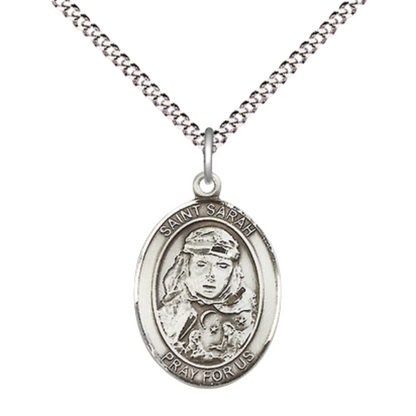 Everlasting Light Jewelry Medium Women's Pewter Saint St. Sarah Pendant Necklace on 18- inch Rhodium- Plated Lite Curb Brass Chain – Patron Saint St. of Infertility, Catholic Medal – Velvet Gift Box Included