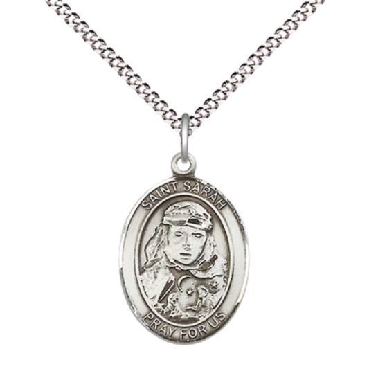 Everlasting Light Jewelry Medium Women's Pewter Saint St. Sarah Pendant Necklace on 18- inch Rhodium- Plated Lite Curb Brass Chain – Patron Saint St. of Infertility, Catholic Medal – Velvet Gift Box Included