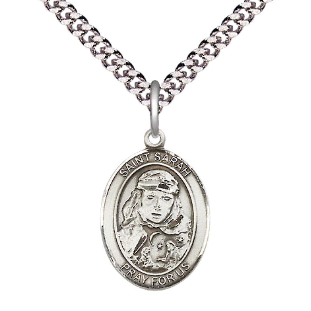 Medium Men's .925 Sterling Silver Saint St. Sarah Medal Pendant on 24 Inch Endless Rhodium Plated Heavy Curb Brass Chain, Catholic Religious Necklace - Made in USA- Deluxe Velvet Gift Box