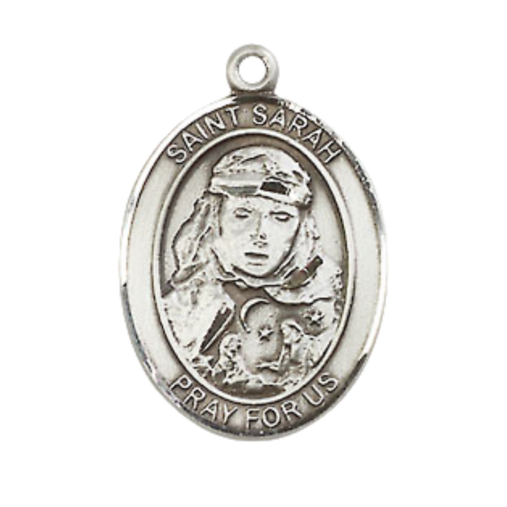Everlasting Light Jewelry Medium Men's Pewter Saint St.Sarah Medal Pendant on 24 Inch Endless Rhodium Plated Heavy Curb Brass Chain, Catholic Religious Necklace -Made in USA- Deluxe Velvet Gift Box