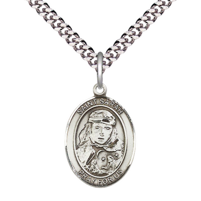 Mens Medium Oval .925 Sterling Silver Saint St. Sarah Medal Pendant on 24 Inch Rhodium Plated Heavy Curb Brass Chain w/ Lobster Claw Clasp, Catholic Religious Necklace - Made in USA- Velvet Gift Box