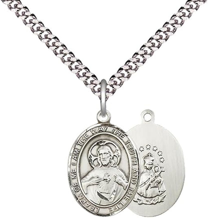 Everlasting Light Jewelry Men's Pewter Scapular Oval Medium Medal Pendant on 24 Inch Endless Rhodium Plated Heavy Curb Brass Chain, Catholic Religious Necklace -Made in USA- Deluxe Velvet Gift Box
