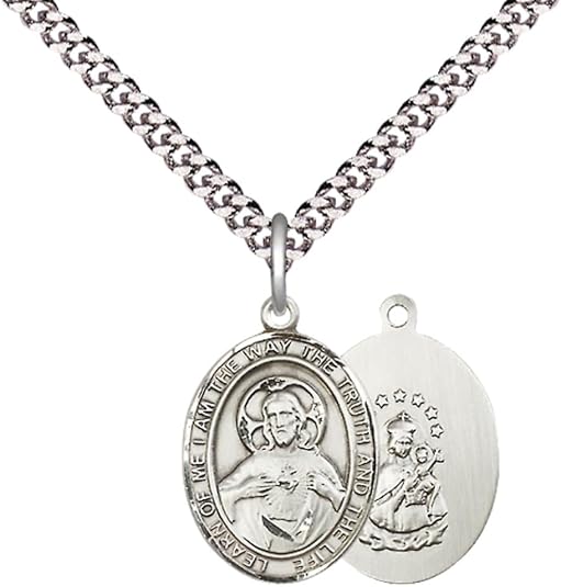 Everlasting Light Jewelry Men's Pewter Scapular Oval Medium Medal Pendant on 24 Inch Endless Rhodium Plated Heavy Curb Brass Chain, Catholic Religious Necklace -Made in USA- Deluxe Velvet Gift Box