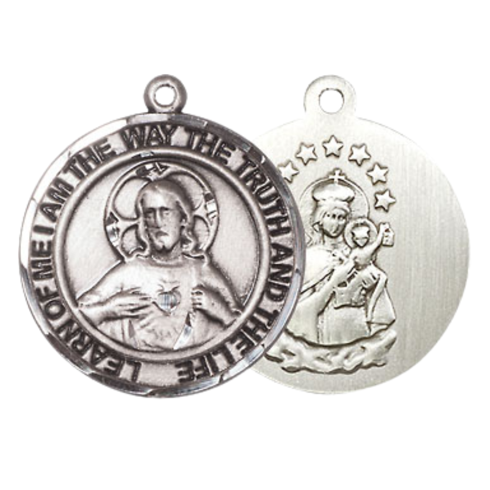 Mens Medium Round .925 Sterling Silver Scapular Medal Pendant on 24" Rhodium Plated Heavy Curb Brass Chain w/ Lobster Claw Clasp,Catholic Religious Necklace -Made in USA- Velvet Gift Box