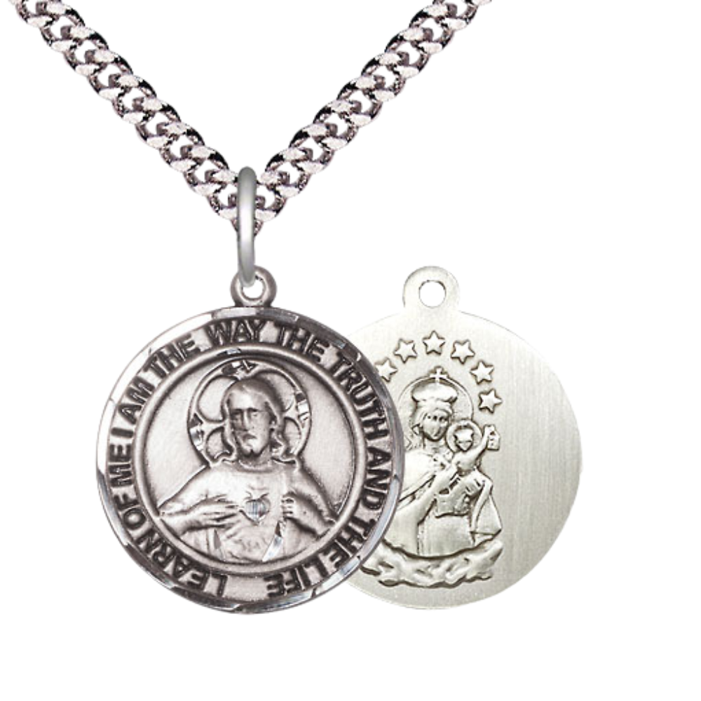Men's .925 Sterling Silver Scapular Round Medium Medal Pendant on 24 Inch Endless Rhodium Plated Heavy Curb Brass Chain, Catholic Religious Necklace - Made in USA- Deluxe Velvet Gift Box