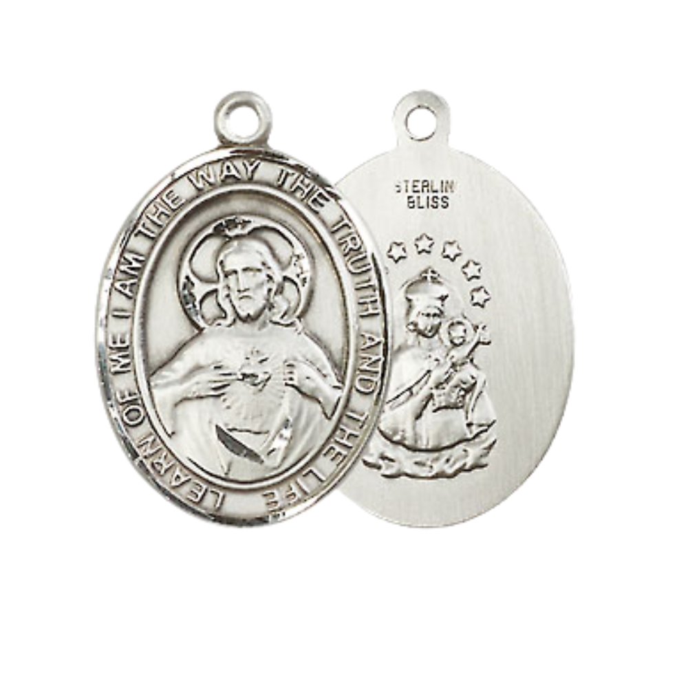 Medium Women's .925 Sterling Silver Scapular Pendant Necklace on 18 Inch Rhodium Plated Lite Curb Brass Chain – ¾ x ½ Scapular Medal – Catholic Religious Symbol of Protection – Velvet Gift Box Included