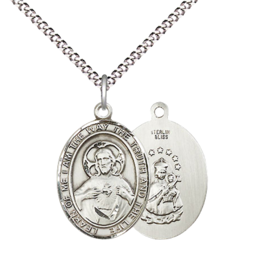 Medium Women's .925 Sterling Silver Scapular Pendant Necklace on 18 Inch Rhodium Plated Lite Curb Brass Chain – ¾ x ½ Scapular Medal – Catholic Religious Symbol of Protection – Velvet Gift Box Included