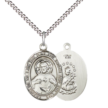 Medium Women's .925 Sterling Silver Scapular Pendant Necklace on 18 Inch Rhodium Plated Lite Curb Brass Chain – ¾ x ½ Scapular Medal – Catholic Religious Symbol of Protection – Velvet Gift Box Included