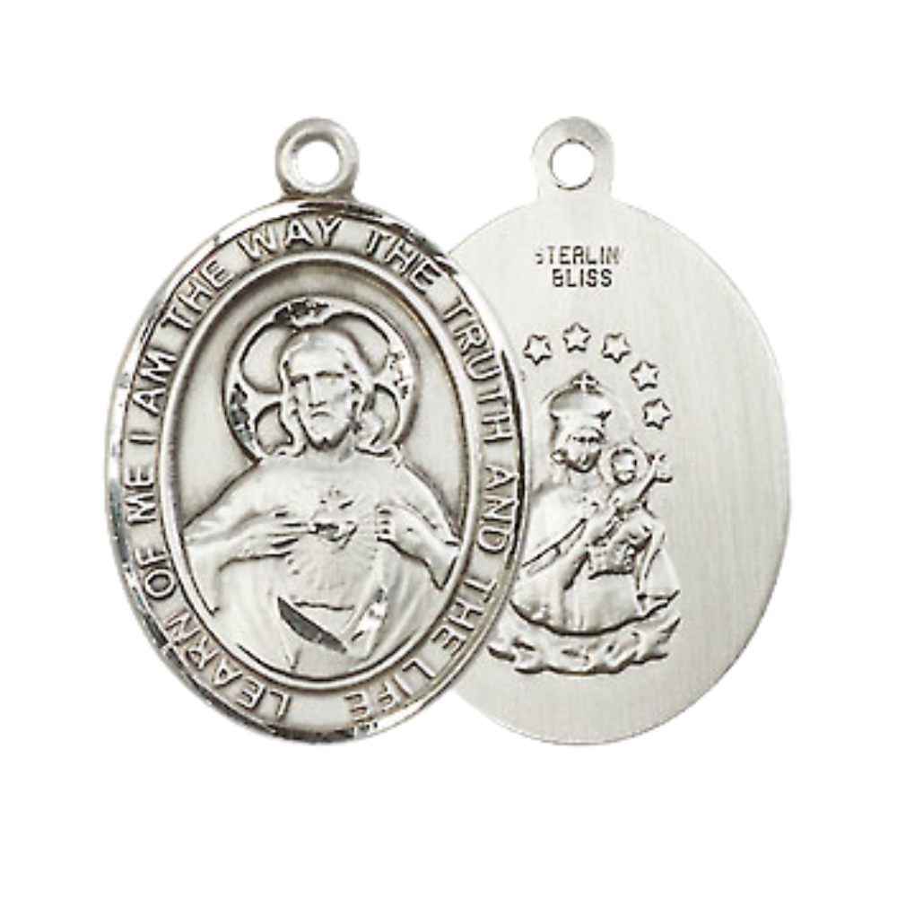 Mens Medium Oval .925 Sterling Silver Scapular Medal Pendant on 24 Inch Rhodium Plated Heavy Curb Brass Chain w/ Lobster Claw Clasp, Catholic Religious Necklace - Made in USA- Velvet Gift Box