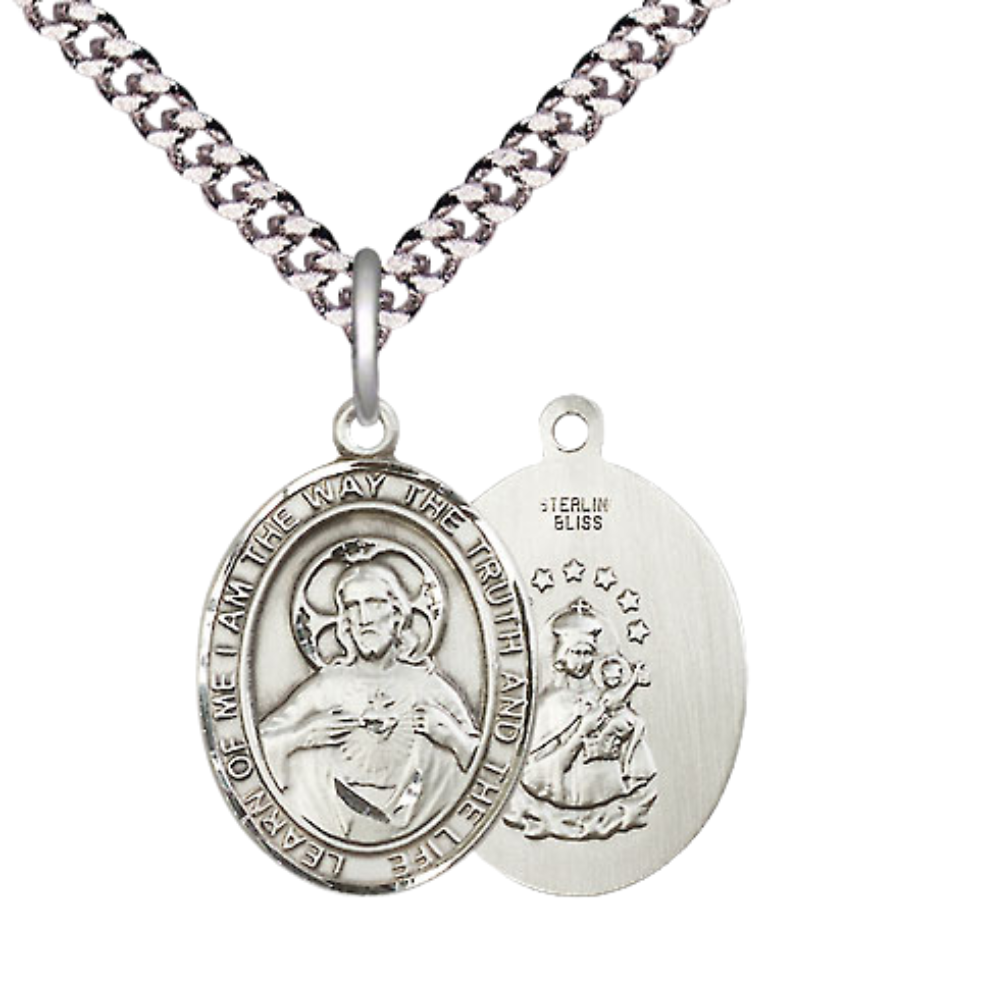 Men's .925 Sterling Silver Scapular Oval Medium Medal Pendant on 24 Inch Endless Rhodium Plated Heavy Curb Brass Chain, Catholic Religious Necklace - Made in USA- Deluxe Velvet Gift Box