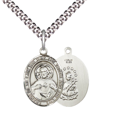 Mens Medium Oval .925 Sterling Silver Scapular Medal Pendant on 24 Inch Rhodium Plated Heavy Curb Brass Chain w/ Lobster Claw Clasp, Catholic Religious Necklace - Made in USA- Velvet Gift Box