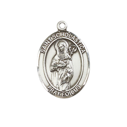 Medium Women's Pewter Saint St. Scholastica Pendant Necklace on 18- inch Rhodium- Plated Lite Curb Brass Chain – Saint St. Scholastica Medal, Catholic Medal – Velvet Gift Box Included