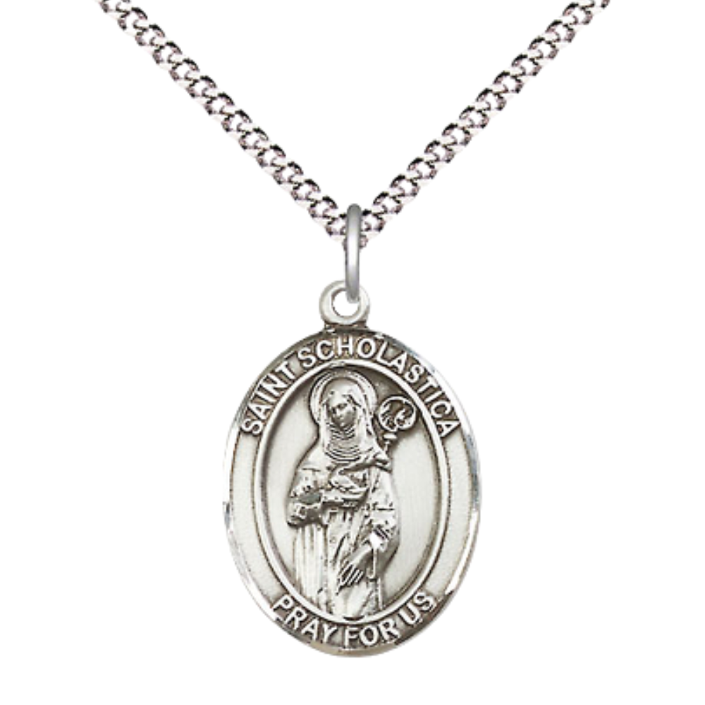 Medium Women's .925 Sterling Silver Saint St. Scholastica Pendant Necklace on 18 Inch Rhodium Plated Lite Curb Brass Chain – Patron Saint St. of Nuns/Storms – ¾" x ½" Medal, Catholic Medal – Velvet Gift Box Included