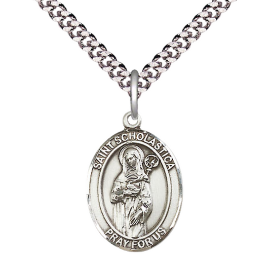 Medium Men's .925 Sterling Silver Saint St. Scholastica Medal Pendant on 24 Inch Endless Rhodium Plated Heavy Curb Brass Chain, Catholic Religious Necklace - Made in USA- Deluxe Velvet Gift Box