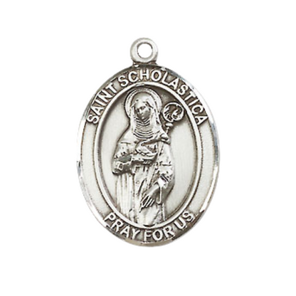 Mens Medium Oval Pewter Saint St. Scholastica Medal Pendant on 24 Inch Rhodium Plated Heavy Curb Brass Chain with Lobster Claw Clasp, Catholic Religious Necklace - Made in USA- Deluxe Velvet Gift Box