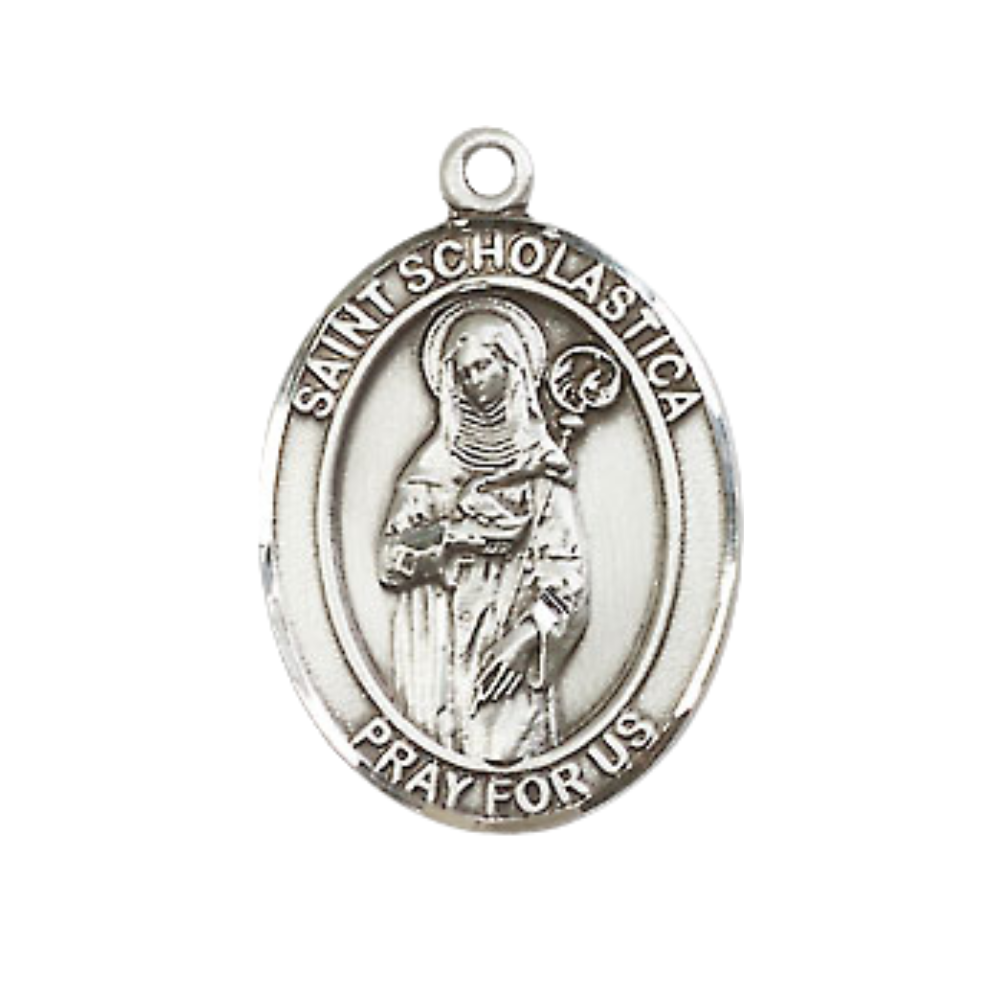 Mens Medium Oval Sterling Silver Saint Scholastica Medal Pendant on 24" Rhodium Plated Heavy Curb Brass Chain w/ Lobster Claw Clasp, Catholic Religious Necklace -Made in USA-Velvet Gift Box