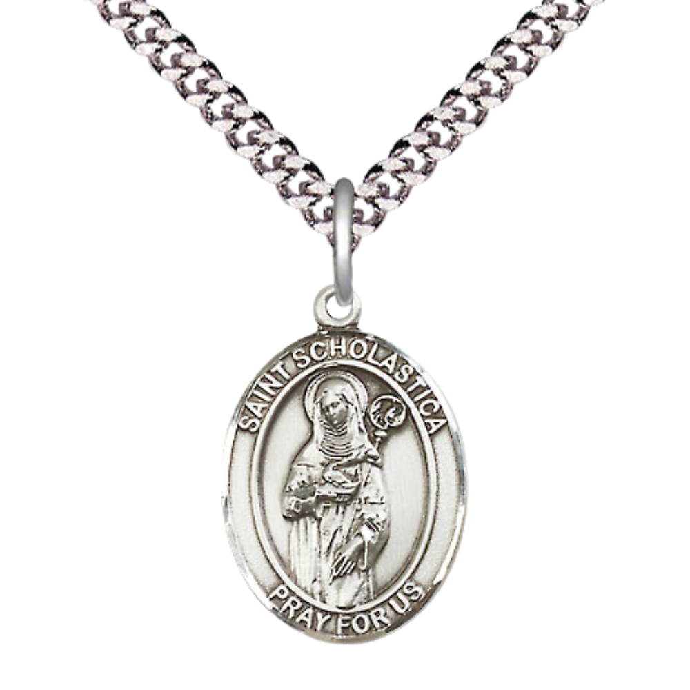 Everlasting Light Jewelry Medium Men's Pewter Saint St. Scholastica Medal Pendant on 24 Inch Endless Rhodium Plated Heavy Curb Brass Chain, Catholic Religious Necklace - Made in USA- Deluxe Velvet Gift Box