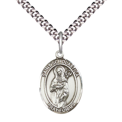 Everlasting Light Jewelry Medium Men's Pewter Saint St. Scholastica Medal Pendant on 24 Inch Endless Rhodium Plated Heavy Curb Brass Chain, Catholic Religious Necklace - Made in USA- Deluxe Velvet Gift Box