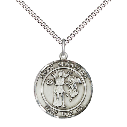 Medium Women's .925 Sterling Silver Saint St. Sebastian Scapular Pendant Necklace on 18 Inch Rhodium- Plated Lite Curb Brass Chain with Lobster Claw Clasp, Catholic Medal - Patron Saint. of Athletes & Soldiers – Velvet Gift Box