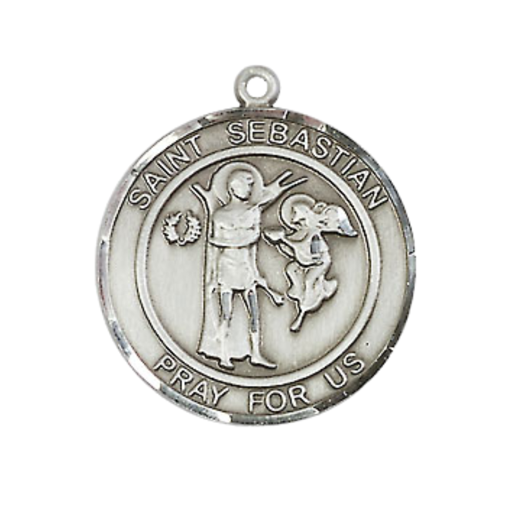 Mens Medium Round Pewter Scapular Medal Pendant on 24 Inch Rhodium Plated Heavy Curb Brass Chain with Lobster Claw Clasp, Catholic Religious Necklace - Made in USA- Deluxe Velvet Gift Box