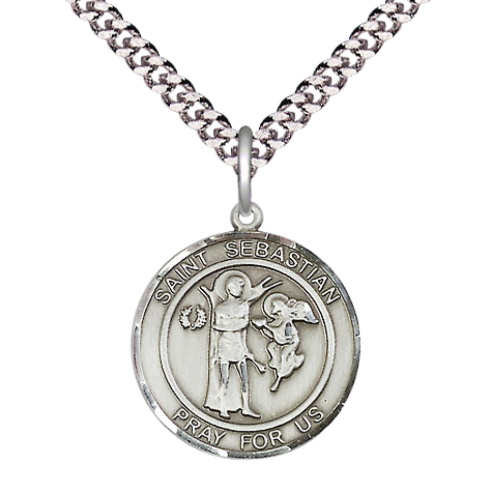 Everlasting Light Jewelry Medium Men's Pewter Scapular Medal Pendant on 24 Inch Endless Rhodium Plated Heavy Curb Brass Chain, Catholic Religious Necklace -Made in USA- Deluxe Velvet Gift Box