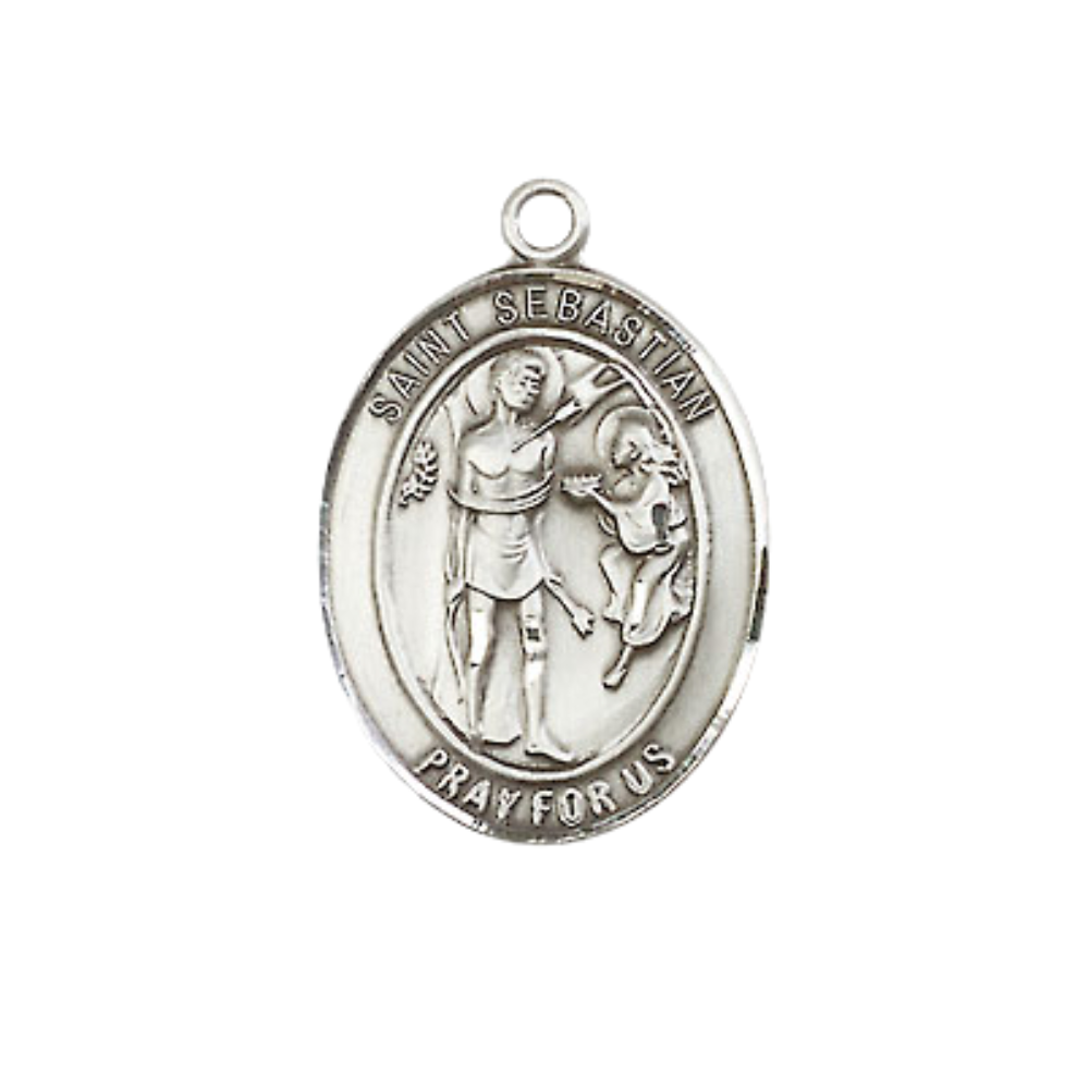 Everlasting Light Jewelry Medium Women's Pewter Saint St. Sebastian Pendant Necklace on 18- inch Rhodium- Plated Lite Curb Brass Chain – Saint St. Sebastian Medal, Catholic Medal – Velvet Gift Box Included