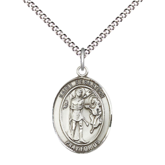 Everlasting Light Jewelry Medium Women's Pewter Saint St. Sebastian Pendant Necklace on 18- inch Rhodium- Plated Lite Curb Brass Chain – Saint St. Sebastian Medal, Catholic Medal – Velvet Gift Box Included