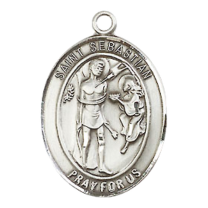Everlasting Light Jewelry Medium Pewter Saint St. Sebastian Oval Medal – Patron Saint St. of Athletes & Soldiers – 3/4" x 1/2" Pendant on 24 Inch Rhodium Plated Heavy Curb Chain, Catholic Medal – Velvet Gift Box Included – Made in USA